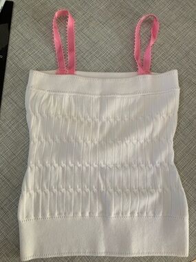 Milly White knit top with pink ribbon straps
